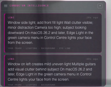 Lens panel in the green room with two notes on the guest's shot.